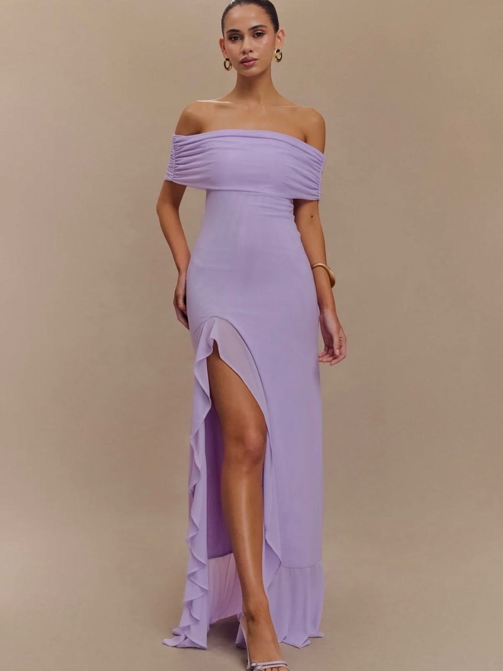 Meshki Audrey Off-Shoulder Lavender Lilac Ruffle-Trim Evening Dress